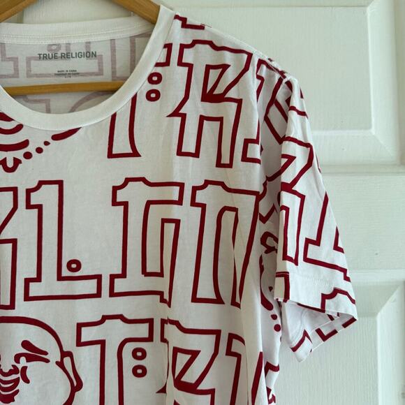 True Religion T-Shirt Mens Large White Red All Over Print Buddha Graphic Y2K - Picture 4 of 5
